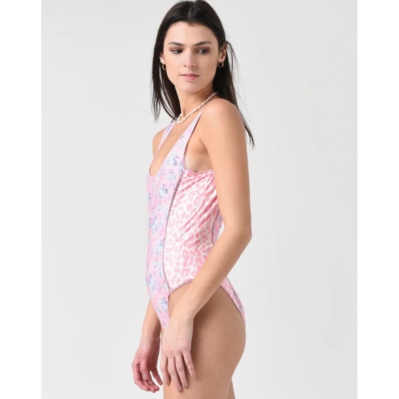 LoveShackFancy floral pink deep low scoop back one piece swimsuit - Picture 4 of 6